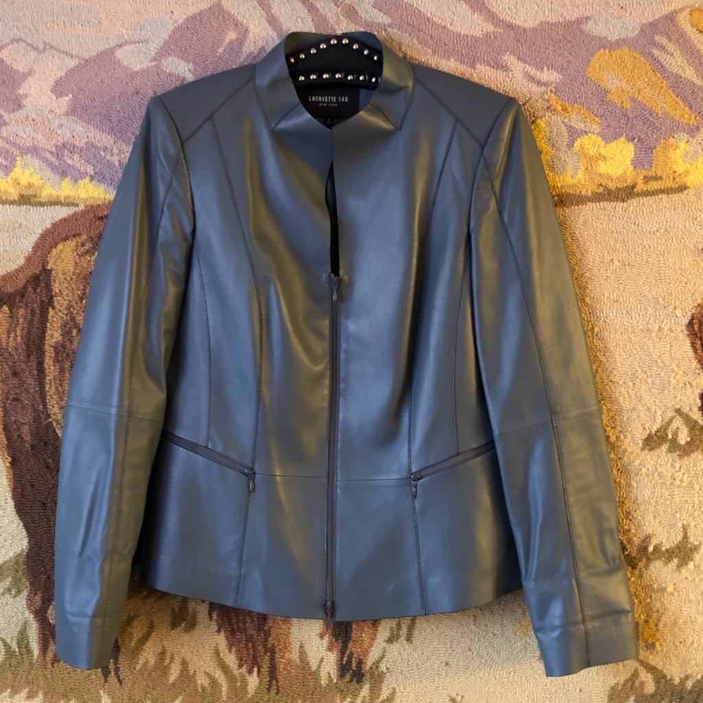 Lafayette 148 New York Womens Sz 10 Gray Leather Zip Jacket Blazer Pockets Lined